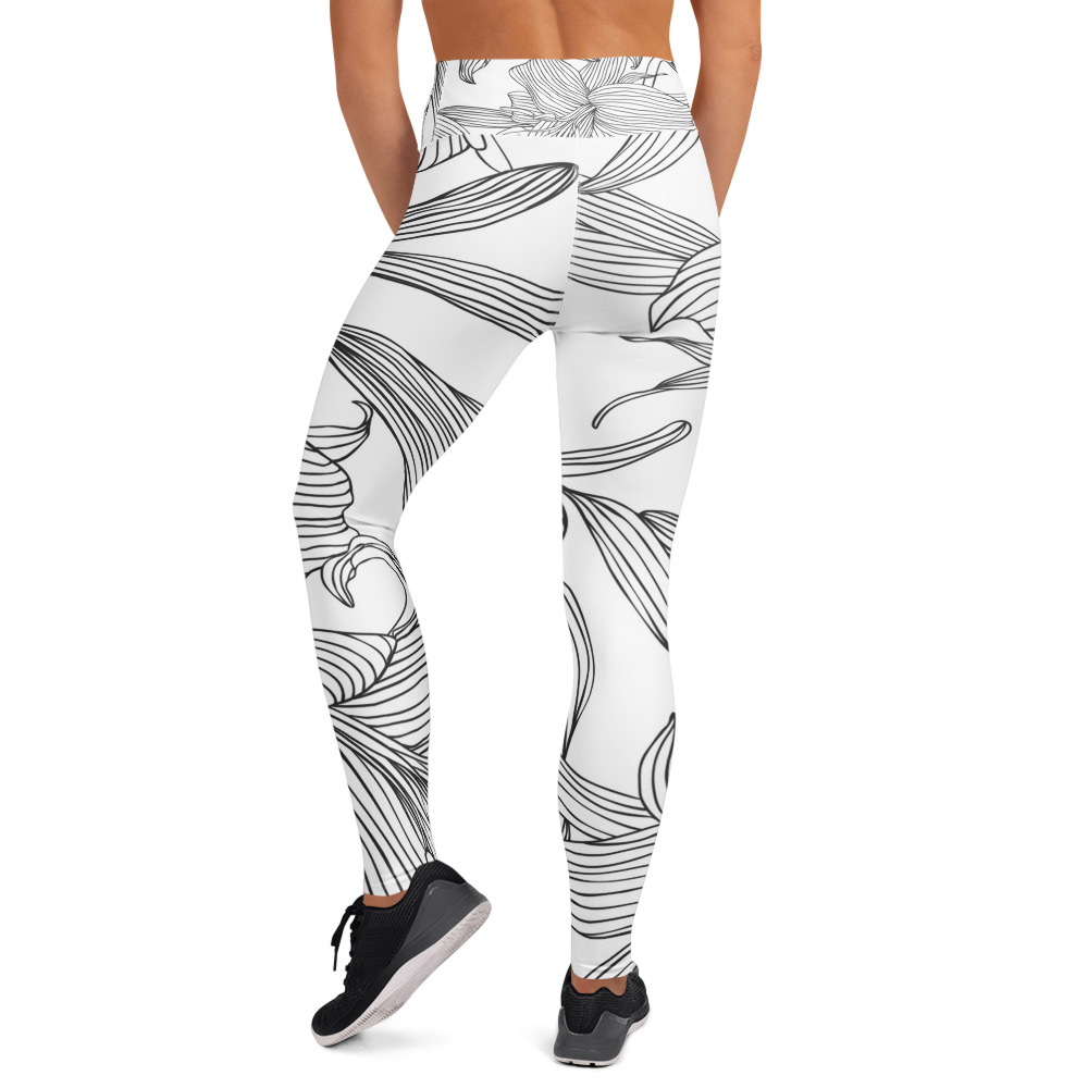 Black & White Lily Flower Sketch Yoga Leggings - Image 5