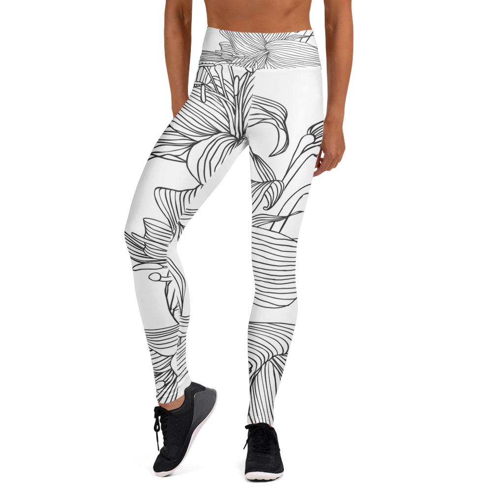 Black & White Lily Flower Sketch Yoga Leggings - Image 3
