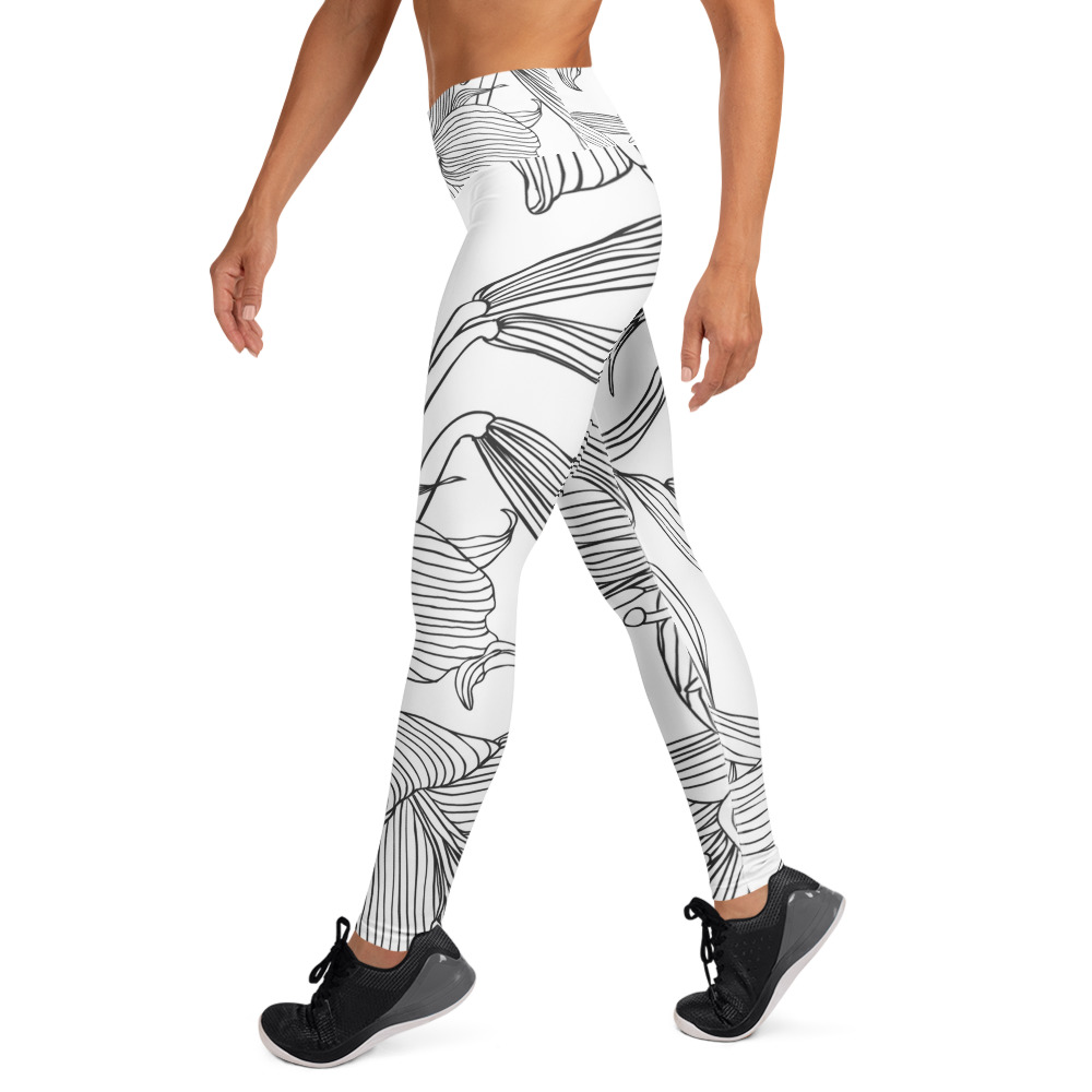 Black & White Lily Flower Sketch Yoga Leggings - Image 4