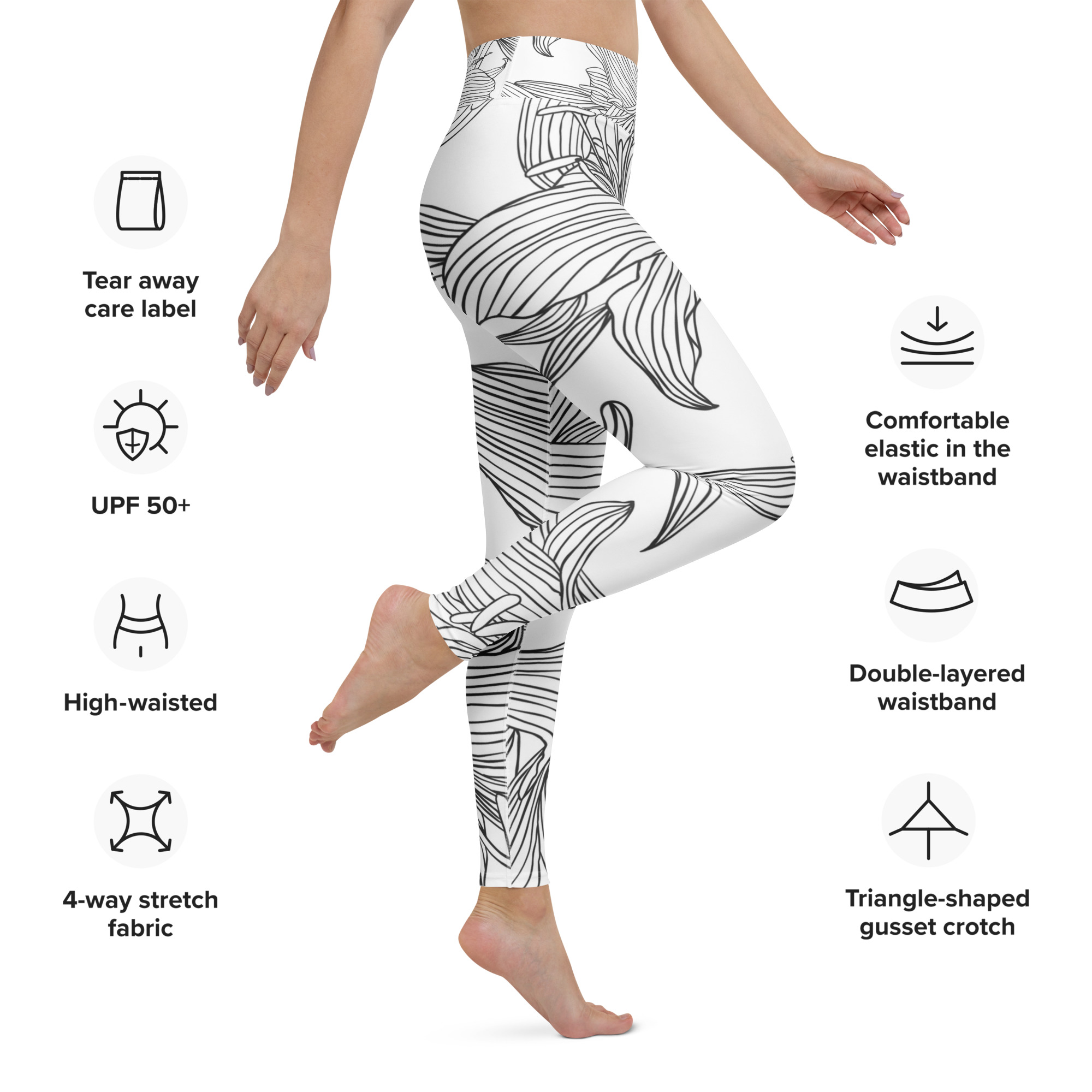 Black & White Lily Flower Sketch Yoga Leggings - Image 2
