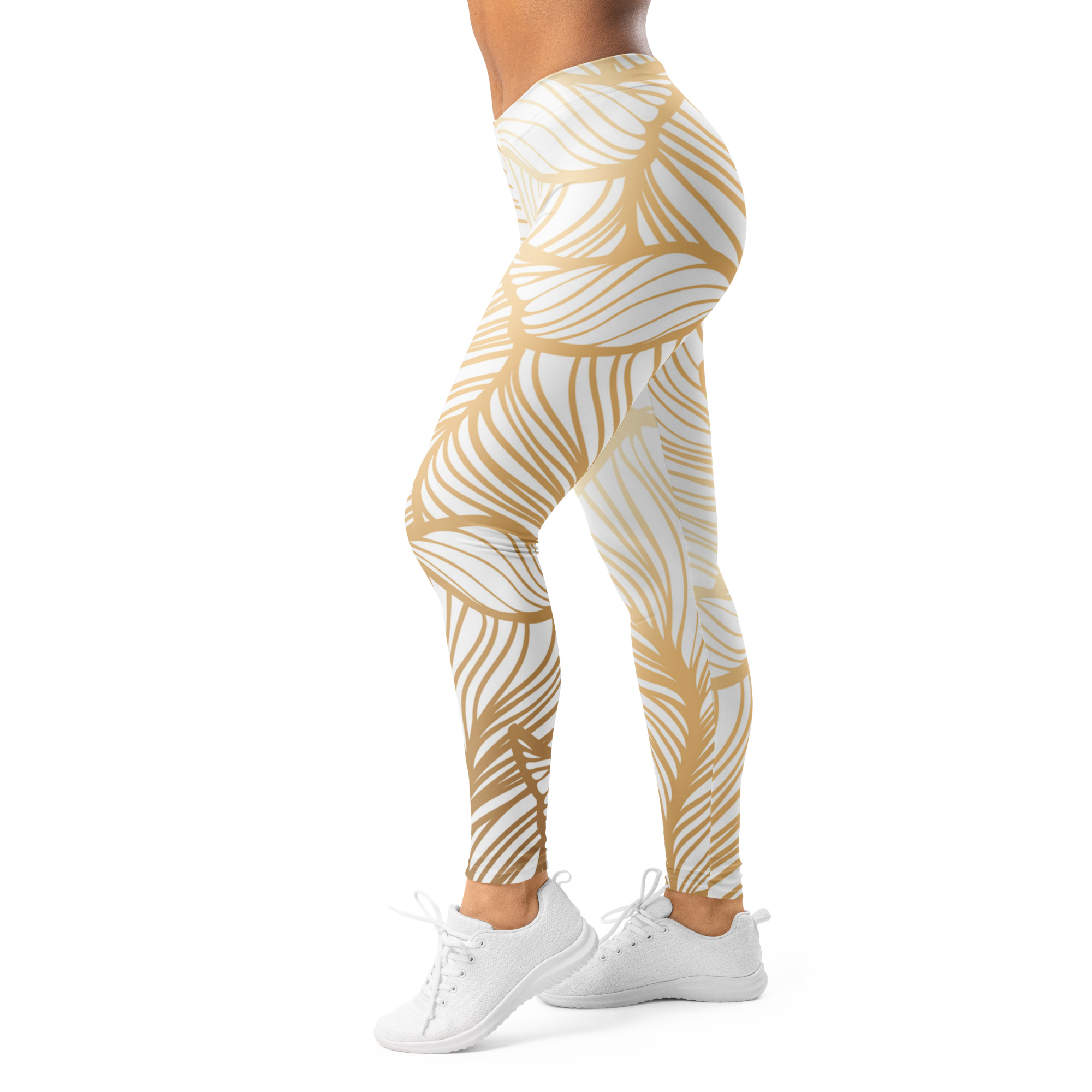Golden Ginkgo Leaf Inspired Floral Line Art Print Leggings