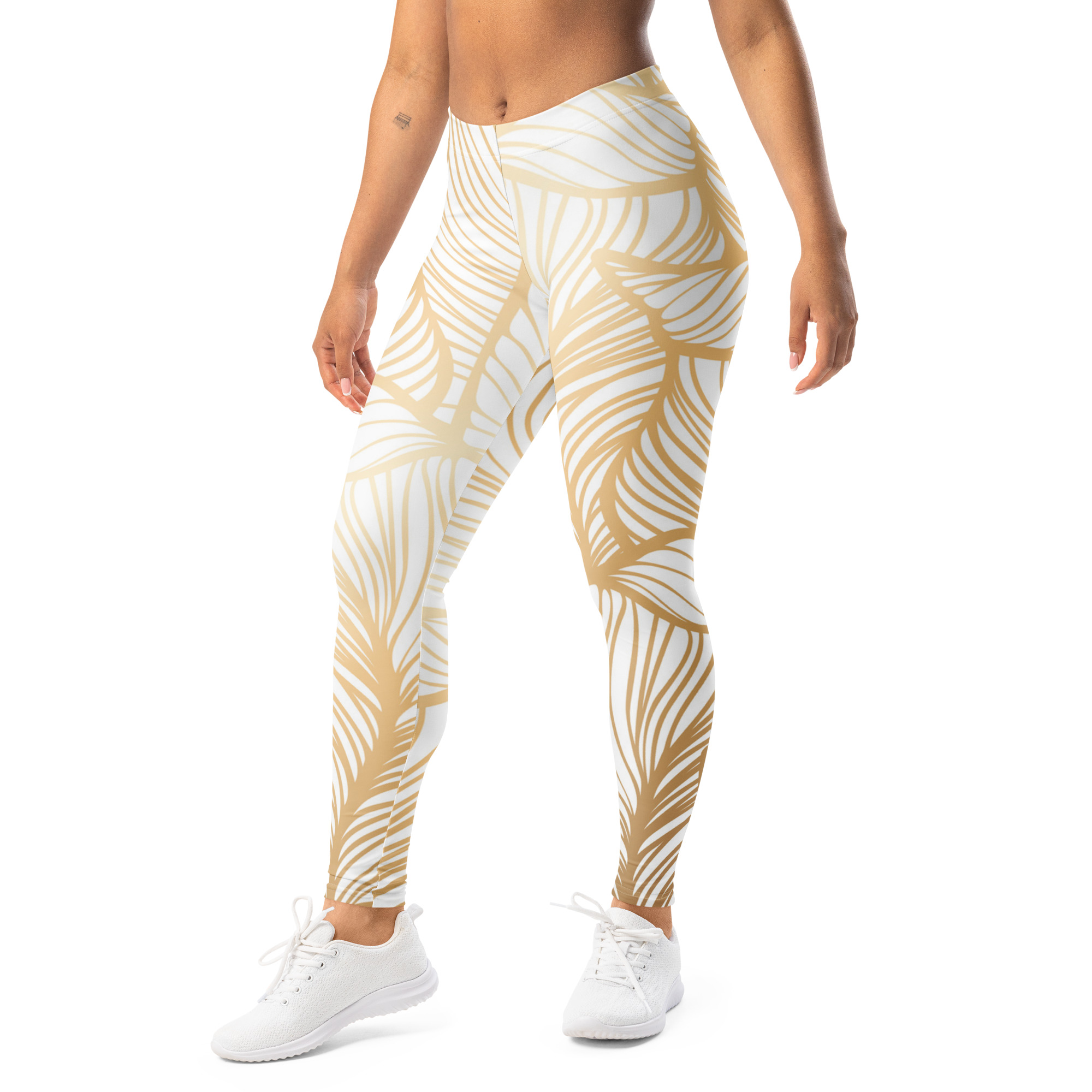 Golden Ginkgo Leaf Inspired Floral Line Art Print Leggings - Image 4