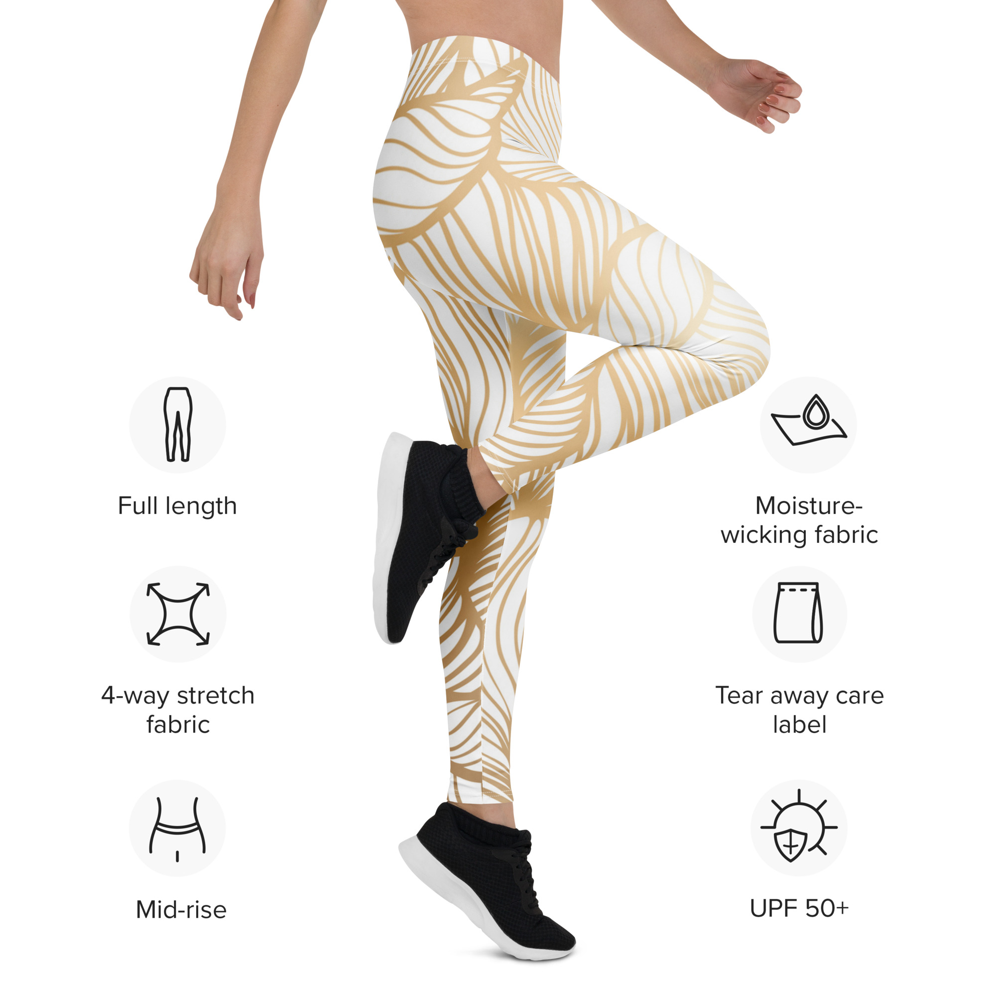 Golden Ginkgo Leaf Inspired Floral Line Art Print Leggings - Image 2