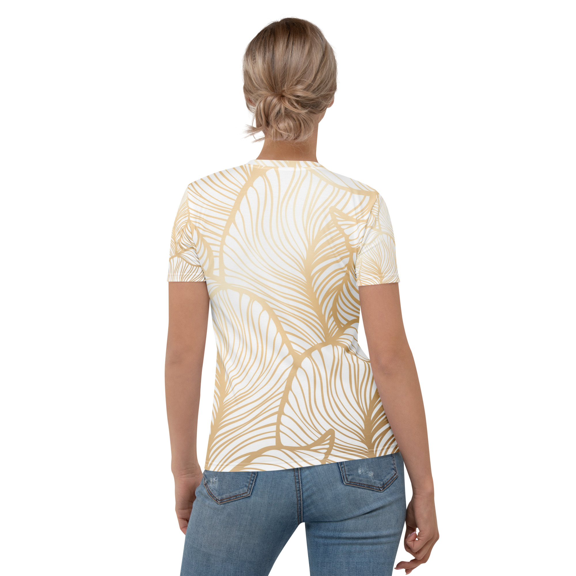 Golden Ginkgo Leaf Inspired Floral Line Art All-Over Print Women's T-shirt - Image 3