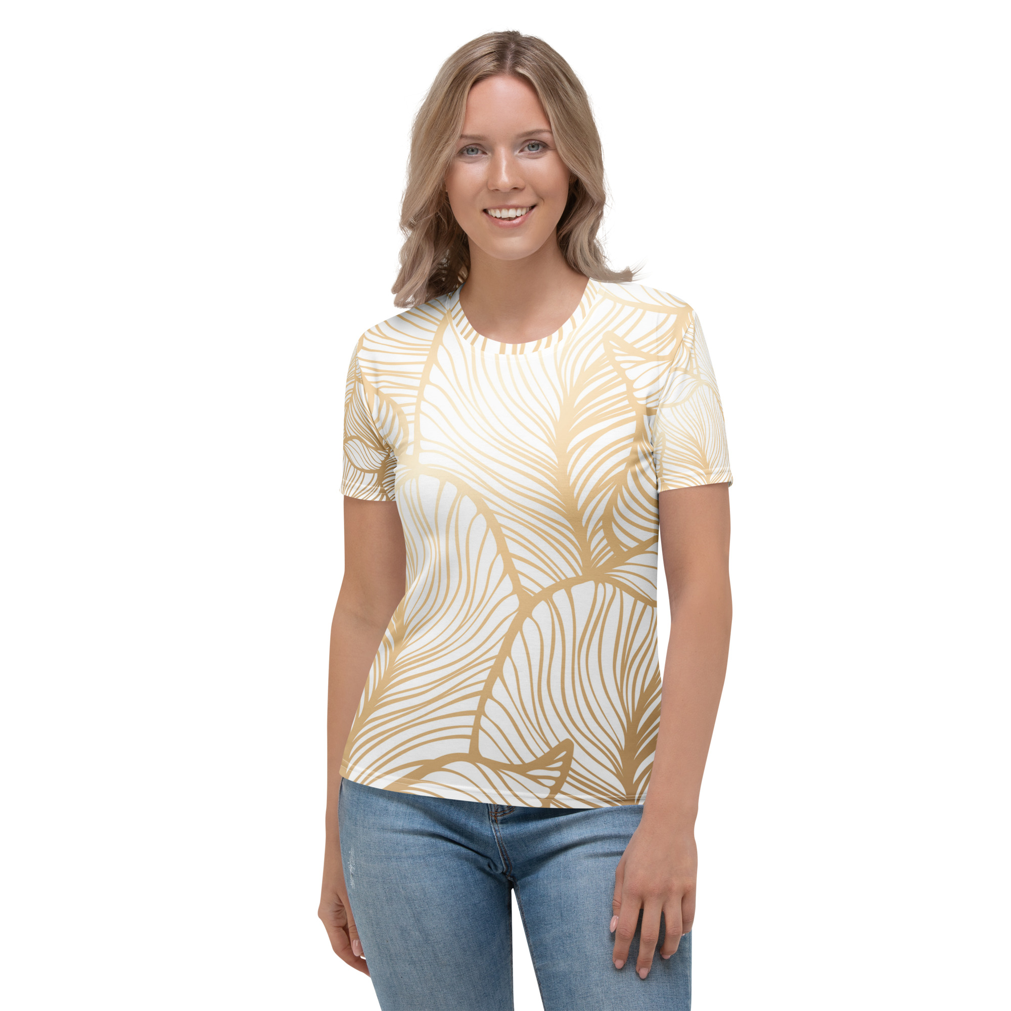 Golden Ginkgo Leaf Inspired Floral Line Art All-Over Print Women's T-shirt - Image 2