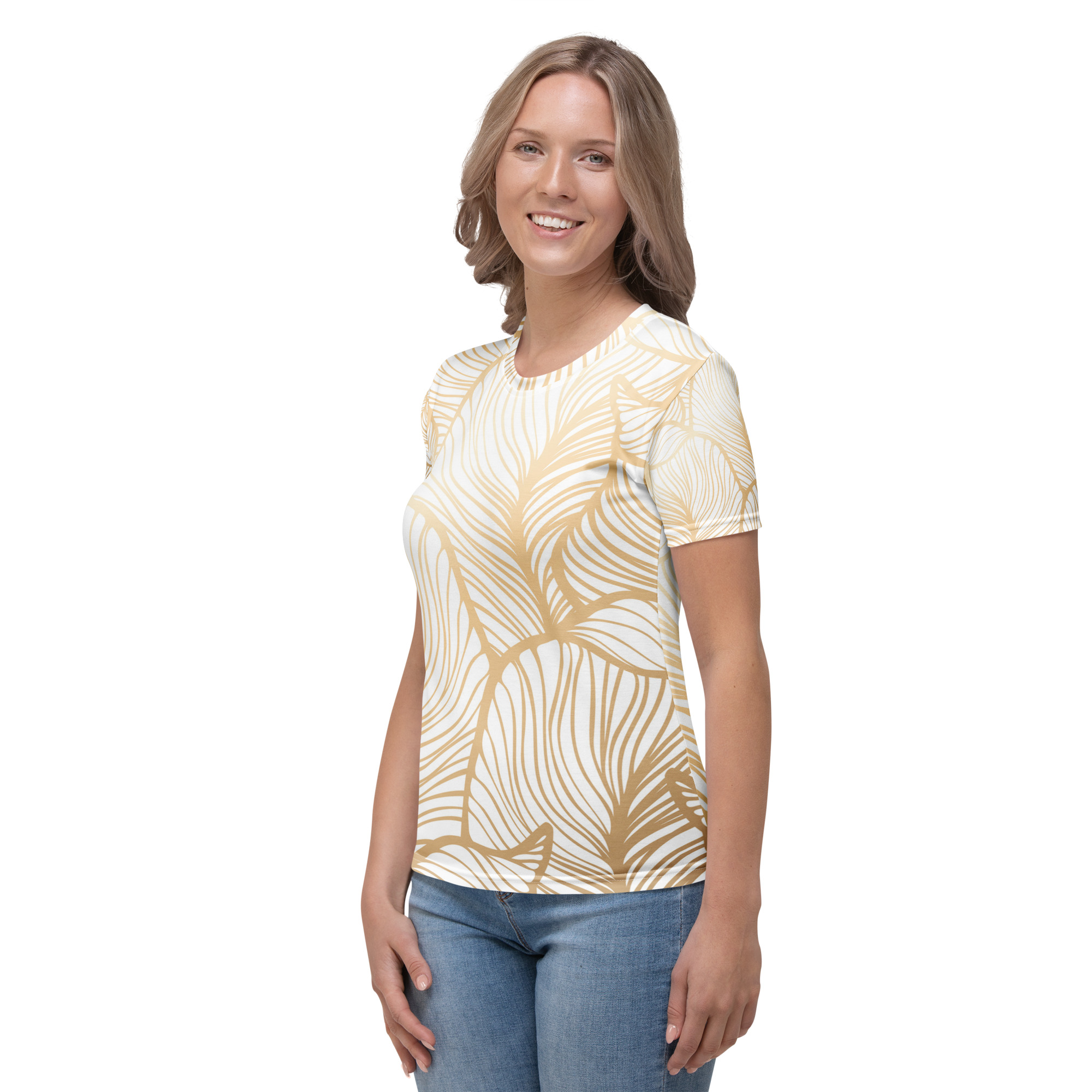 Golden Ginkgo Leaf Inspired Floral Line Art All-Over Print Women's T-shirt - Image 4