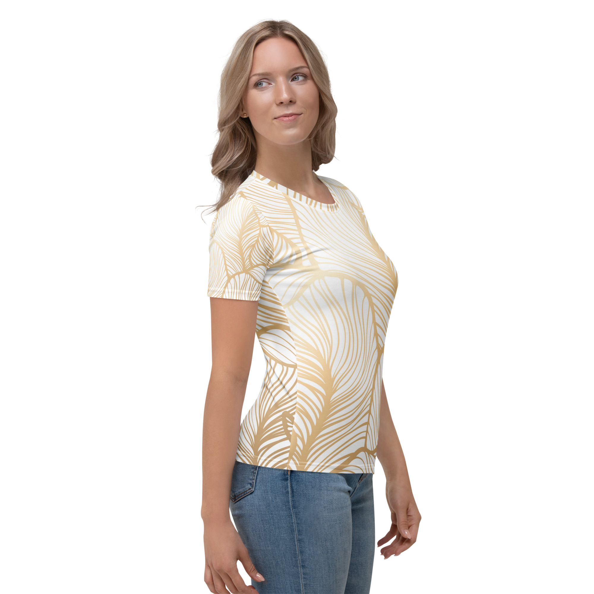 Golden Ginkgo Leaf Inspired Floral Line Art All-Over Print Women's T-shirt