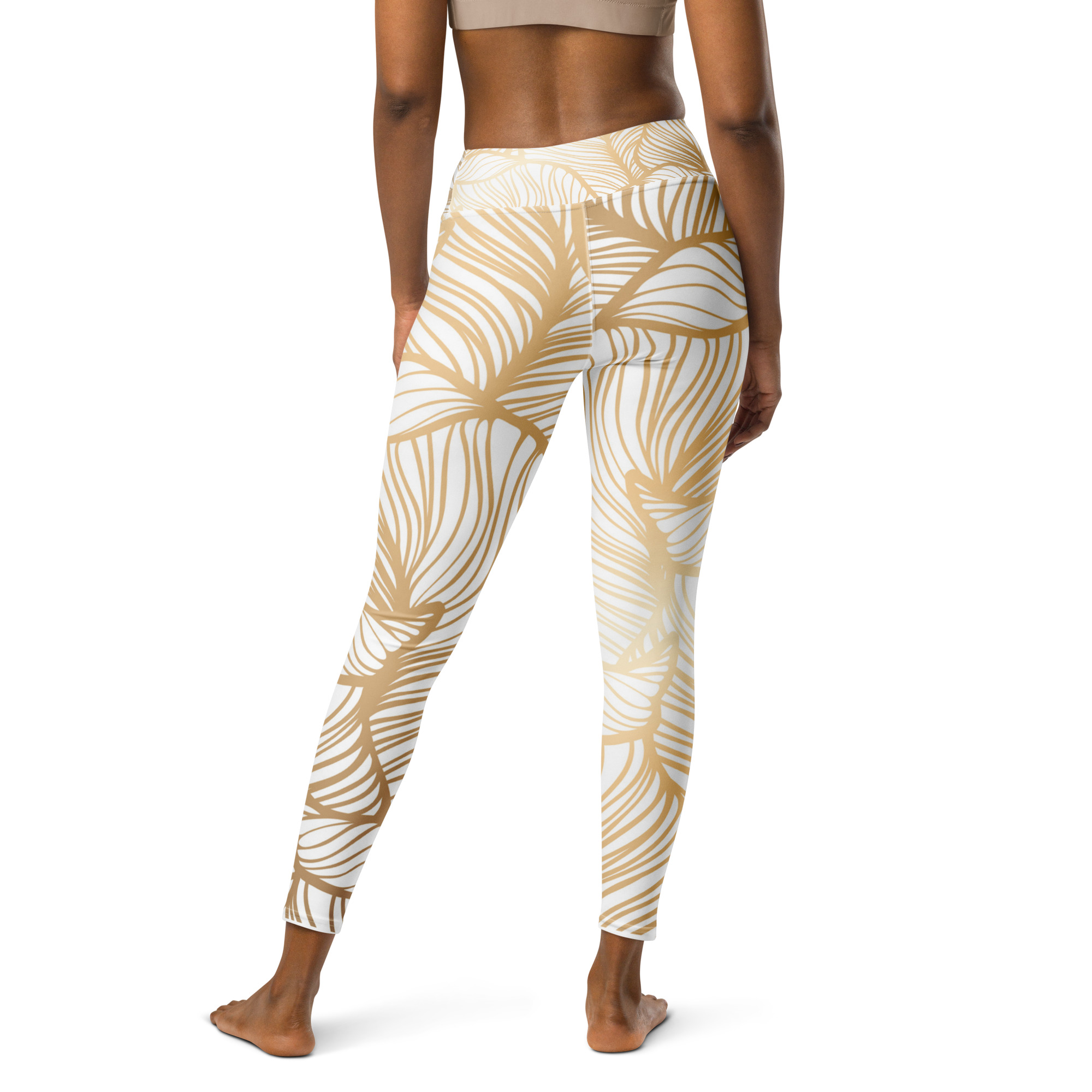 Golden Ginkgo Leaf Inspired Floral Line Art Print Yoga Leggings