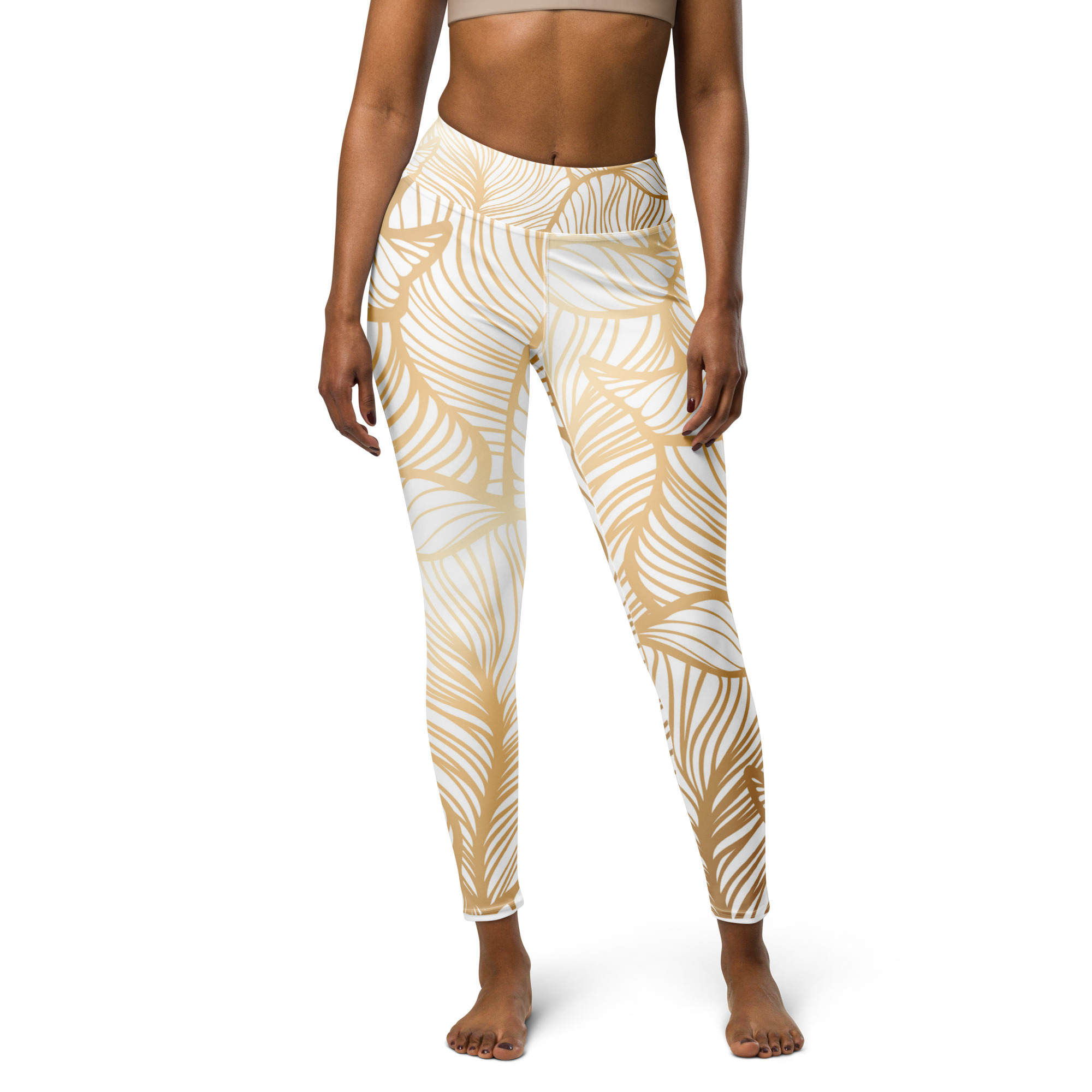 Golden Ginkgo Leaf Inspired Floral Line Art Print Yoga Leggings - Image 3