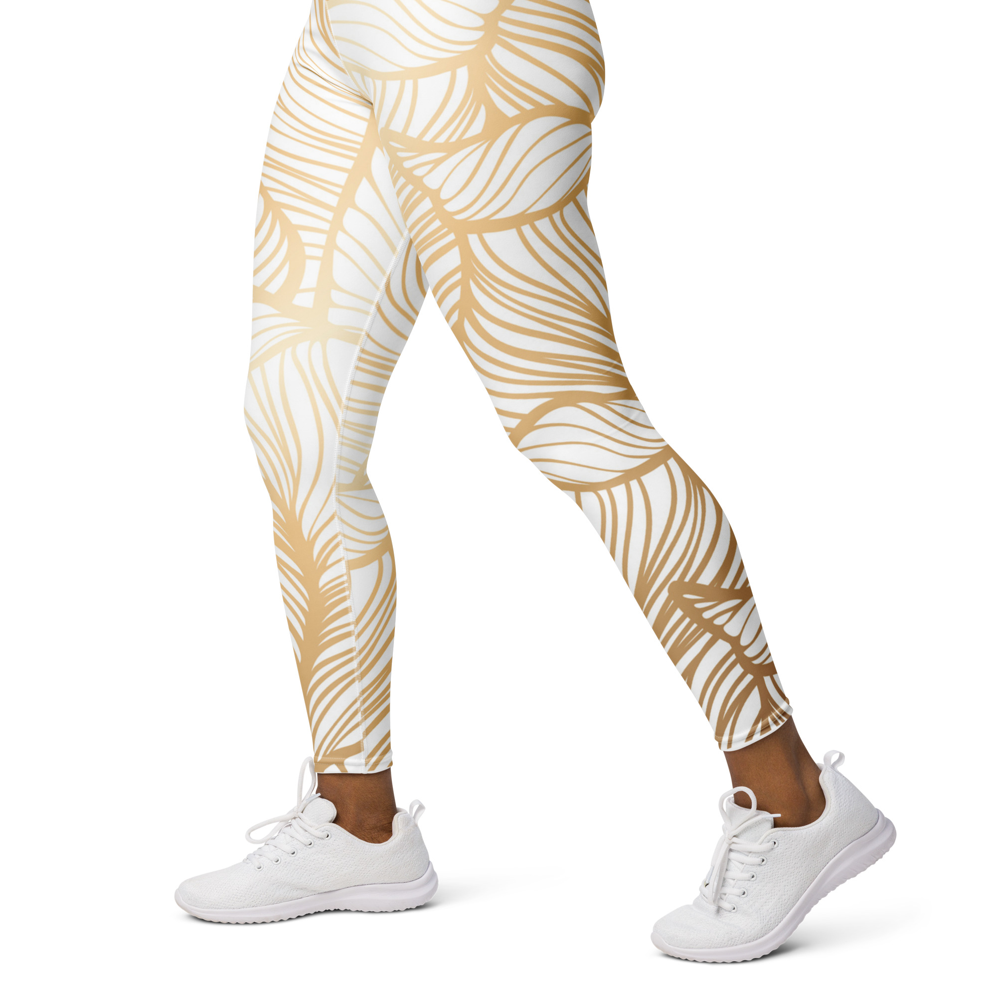 Golden Ginkgo Leaf Inspired Floral Line Art Print Yoga Leggings - Image 4