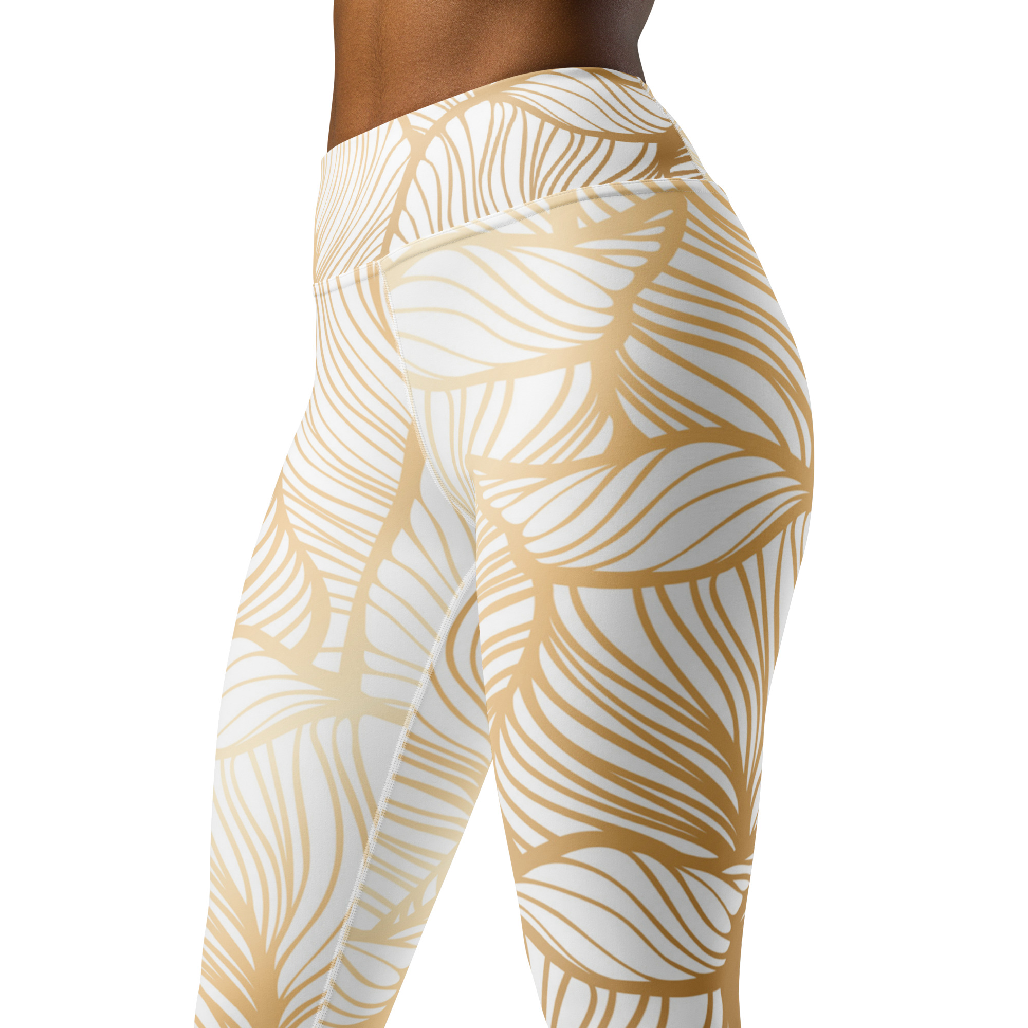 Golden Ginkgo Leaf Inspired Floral Line Art Print Yoga Leggings - Image 5