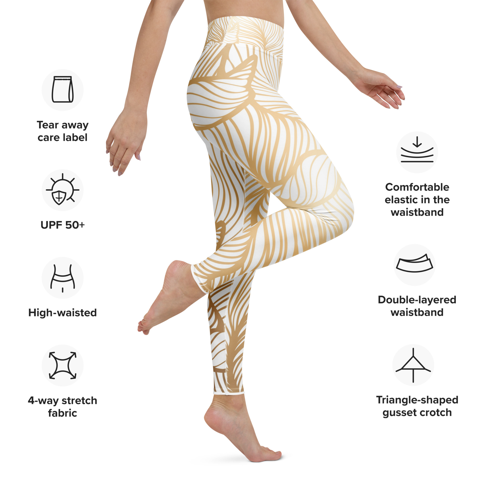 Golden Ginkgo Leaf Inspired Floral Line Art Print Yoga Leggings - Image 2