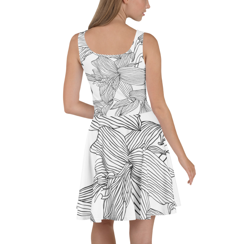 Black & White Lily Flower Sketch Skater Dress - Image 6