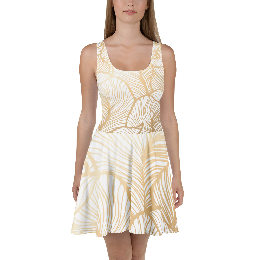 Golden Ginkgo Leaf Inspired Floral Line Art Skater Dress - Image 4