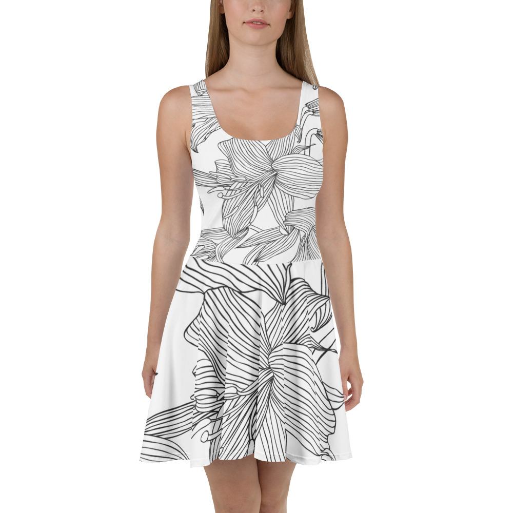 Black & White Lily Flower Sketch Skater Dress - Image 5