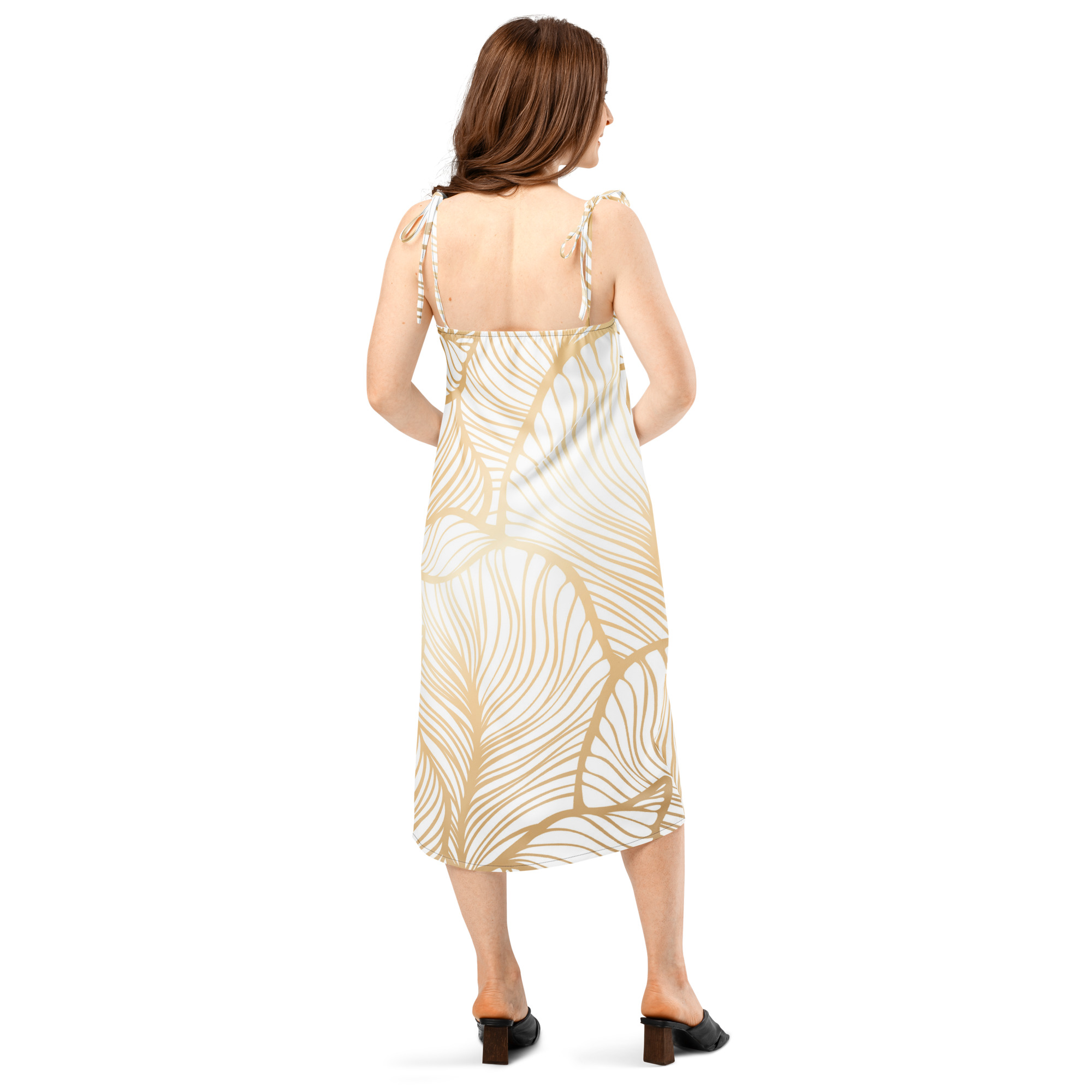 Golden Ginkgo Leaf Inspired Floral Line Art Tie-strap Midi Dress - Image 4