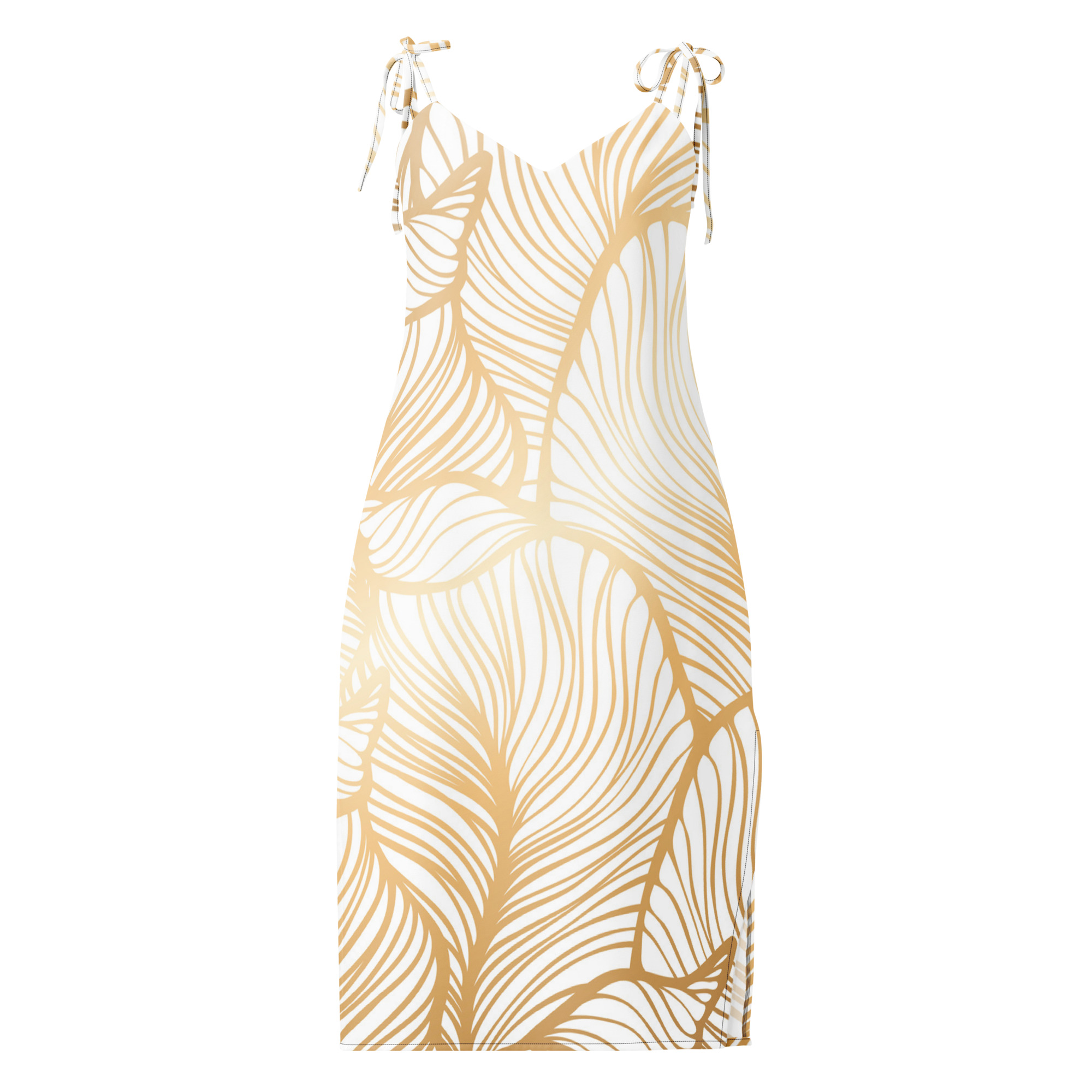 Golden Ginkgo Leaf Inspired Floral Line Art Tie-strap Midi Dress - Image 5