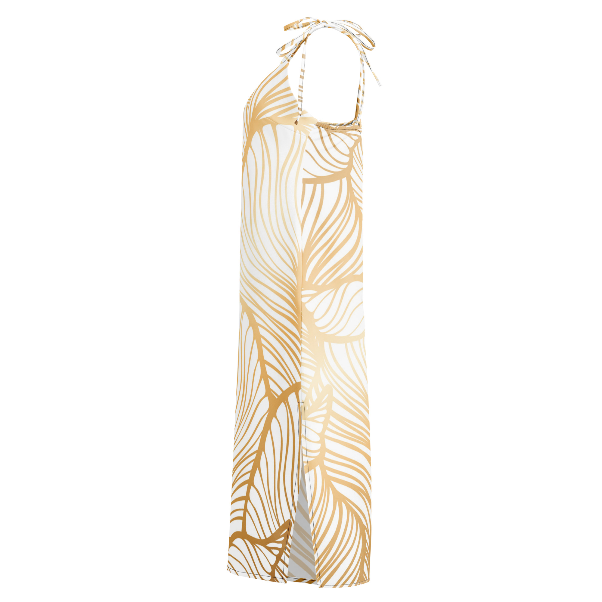 Golden Ginkgo Leaf Inspired Floral Line Art Tie-strap Midi Dress - Image 7