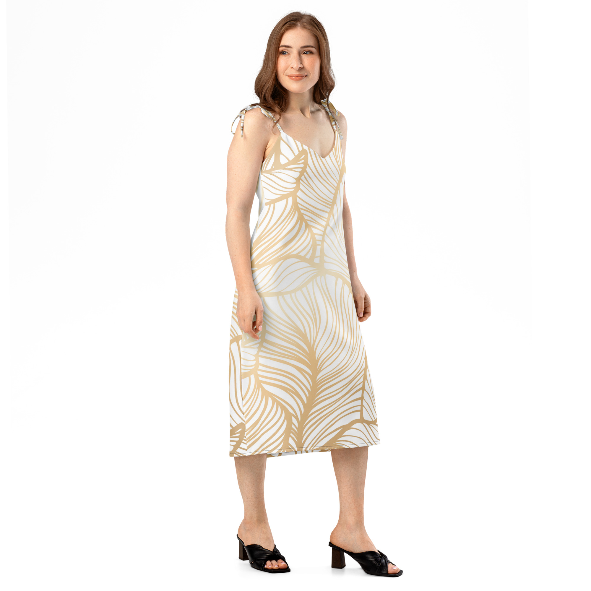Golden Ginkgo Leaf Inspired Floral Line Art Tie-strap Midi Dress - Image 3