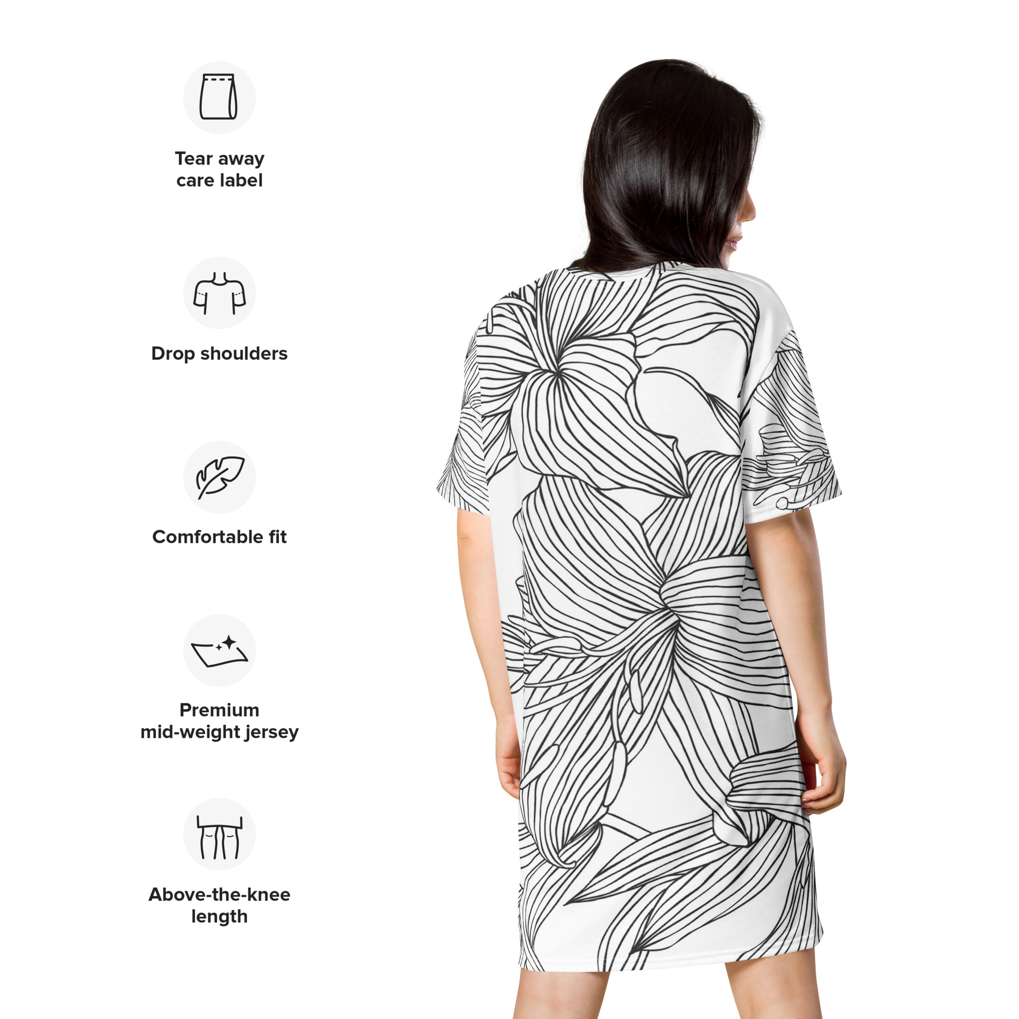 Black & White Lily Flower Sketch T-shirt Dress - Image 4