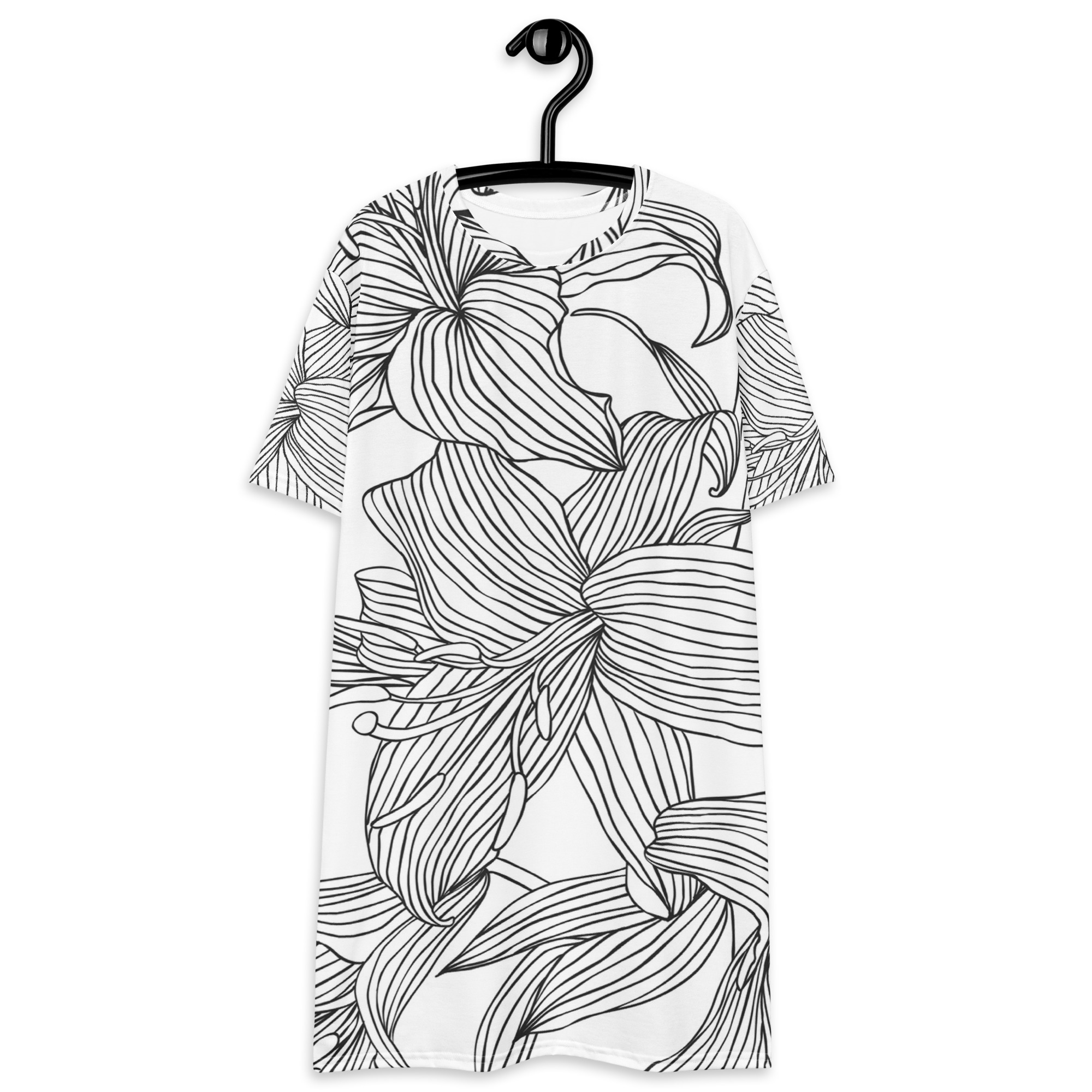 Black & White Lily Flower Sketch T-shirt Dress - Image 2
