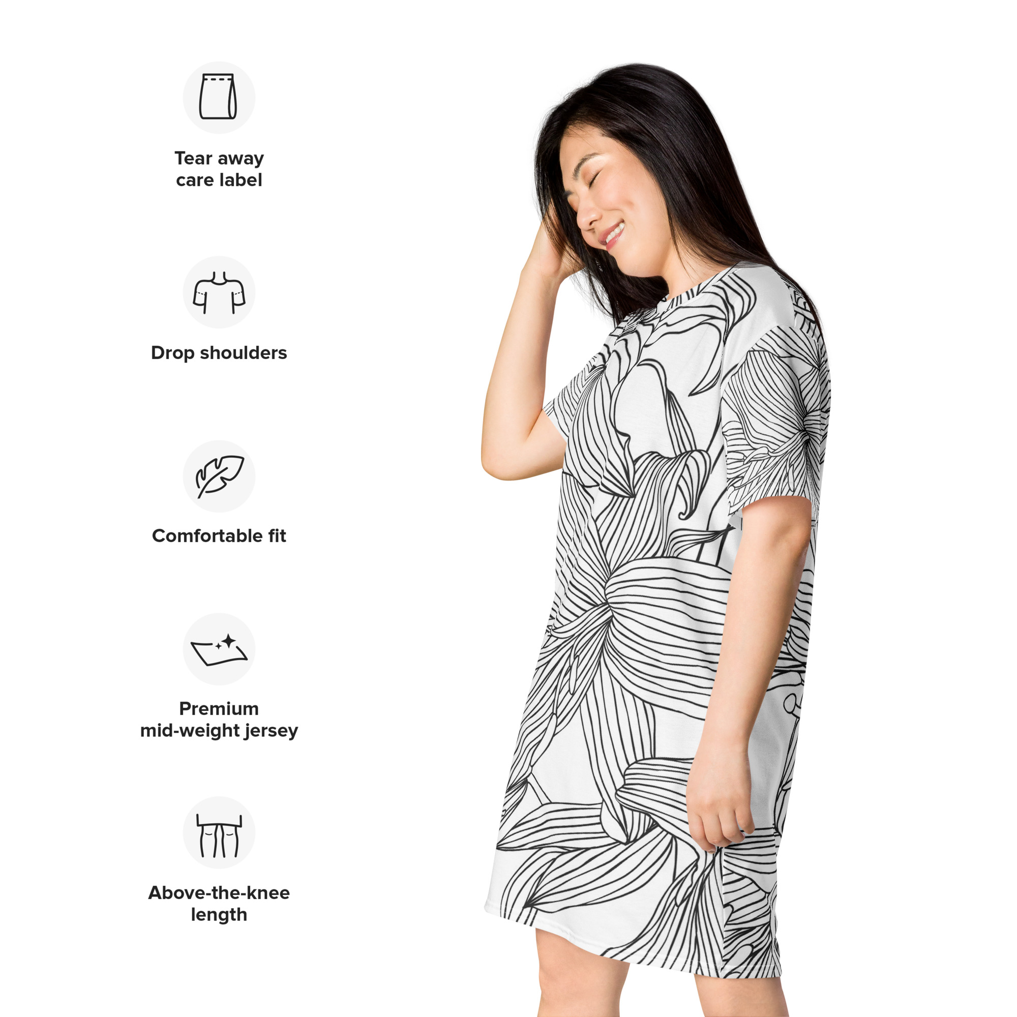 Black & White Lily Flower Sketch T-shirt Dress - Image 3