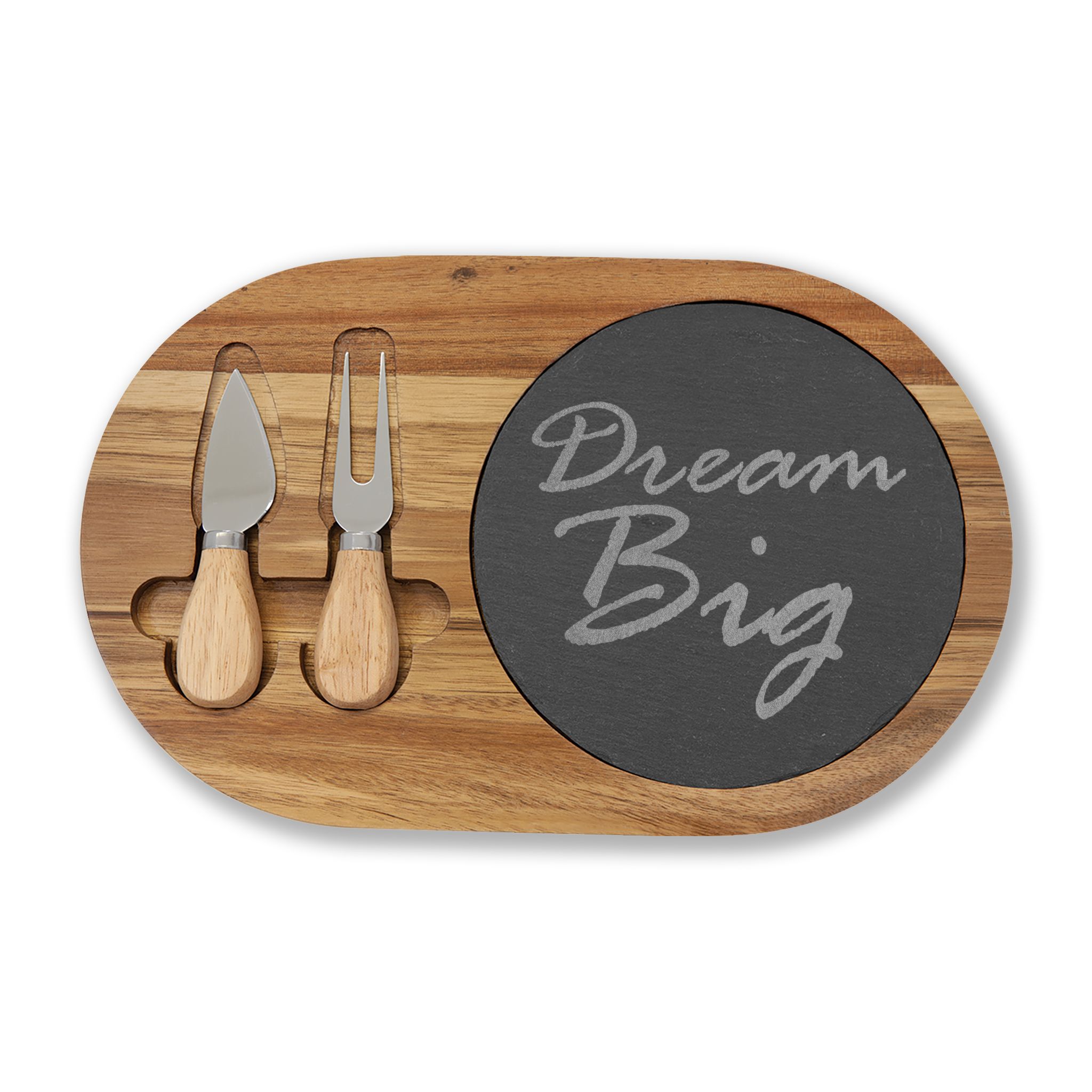 Engraved Acacia Charcuterie Board with Slate Inlay — "Dream Big" Cheese Set