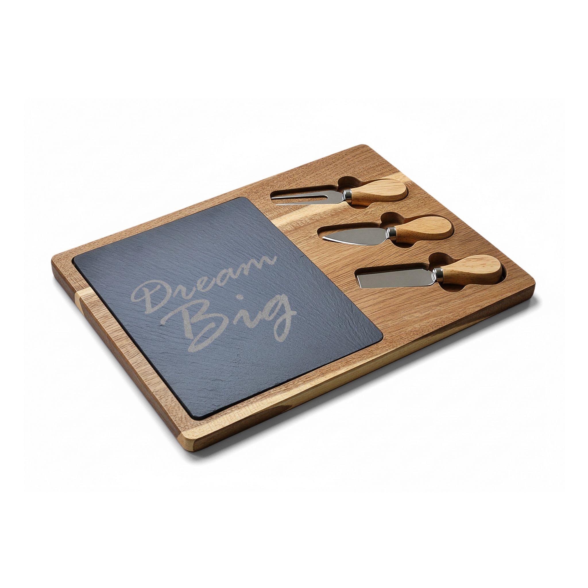 Engraved Acacia Charcuterie Board with Slate Inlay — "Dream Big" Cheese Set - Image 6