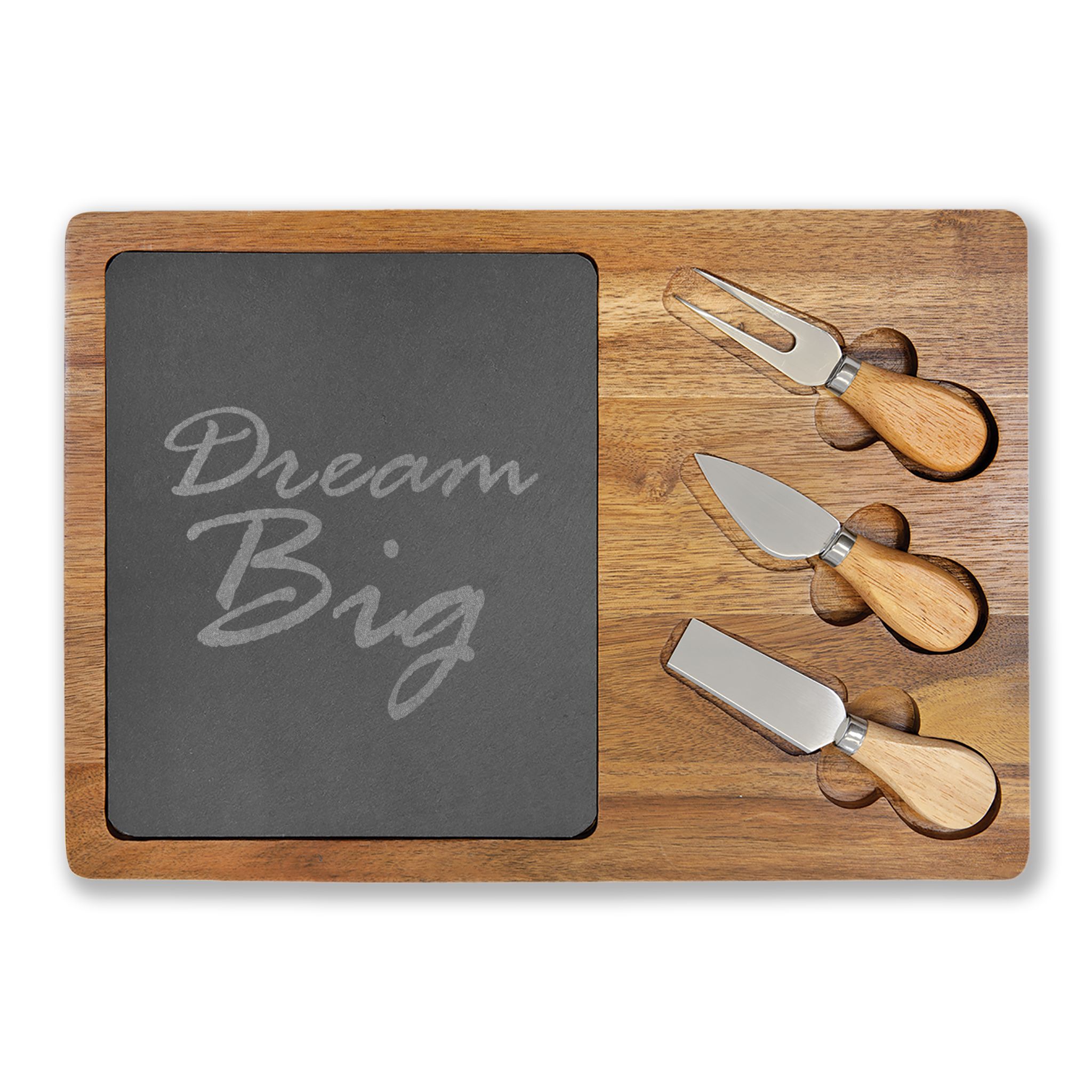 Engraved Acacia Charcuterie Board with Slate Inlay — "Dream Big" Cheese Set - Image 5